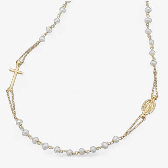 Italian 18K Gold- 925 Sterling Silver Freshwater Pearl Rosary Cross Necklace